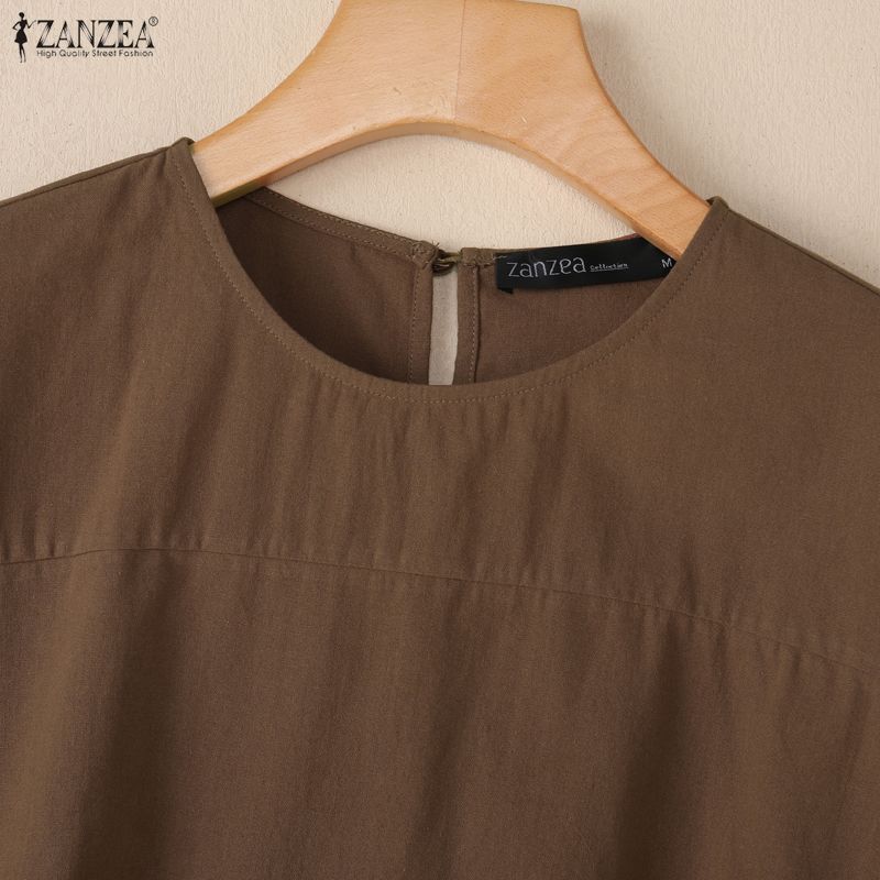 ZANZEA T-shirts Femininas Casuais de Verão de Manga Curta e Cor Sólida com Decote Redondo