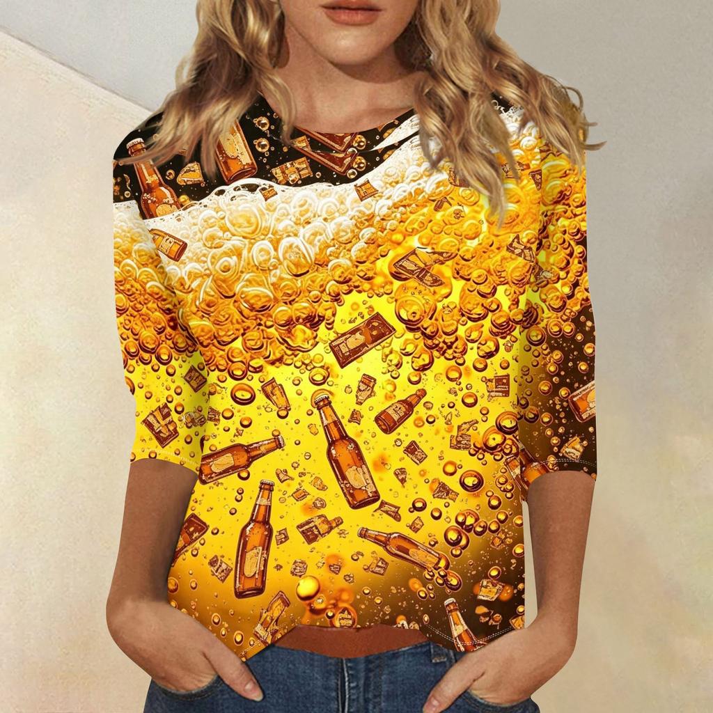 Women's Casual Three Quarter Sleeve Round Neck Top Oktoberfest Beer Print Lightweight Comfortable Fit Pullover Shirt