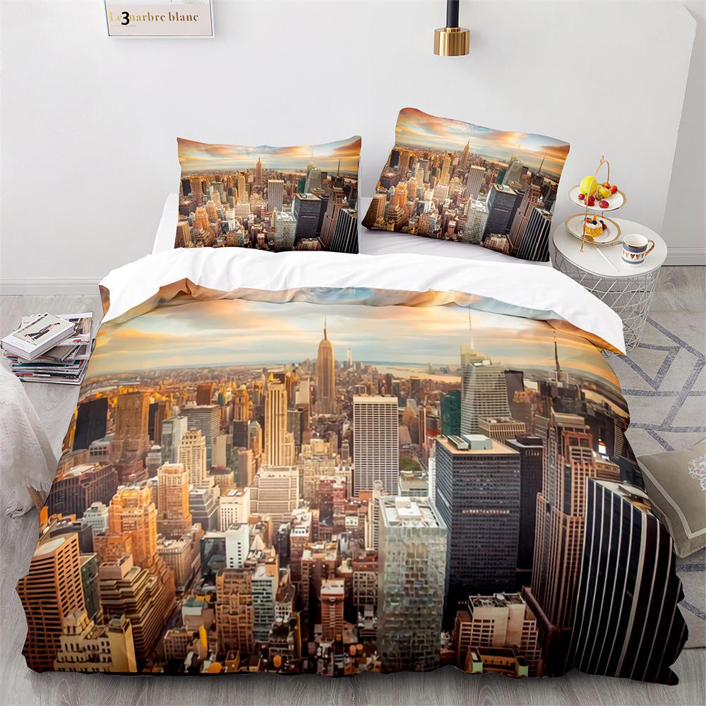 American City Landscape Duvet Cover Set Statue of Liberty Pattern King Queen Size Comforter Cover for Teen Polyester Bedding Set