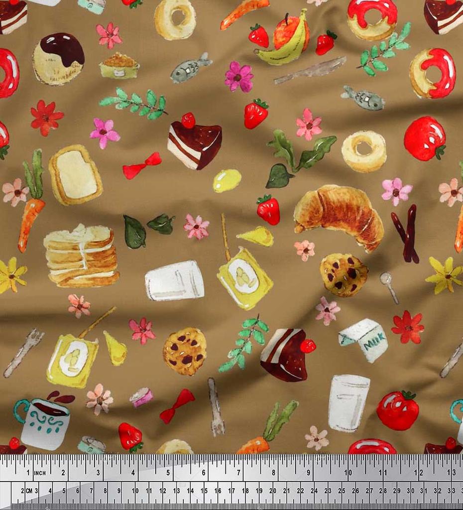 Soimoi Japan Crepe Satin Fabric Fruits,Bread & Donut Food Decor Fabric Printed metre 42 Inch
