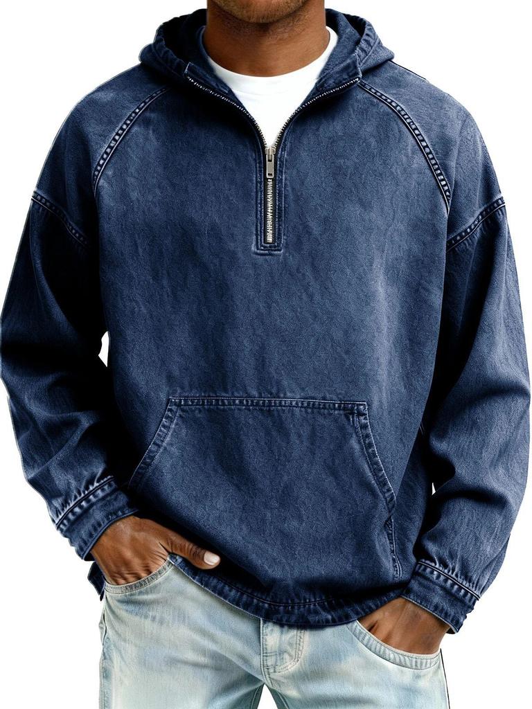 Men's Distressed Retro Long Sleeve Hooded Zip-Up Hoodie