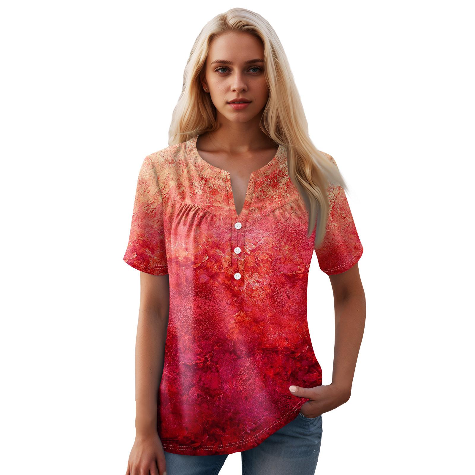 

Женская повседневная футболка с v-образным вырезом и коротким рукавом с цветочным принтом и декоративными пуговицами, топ XL киноварь