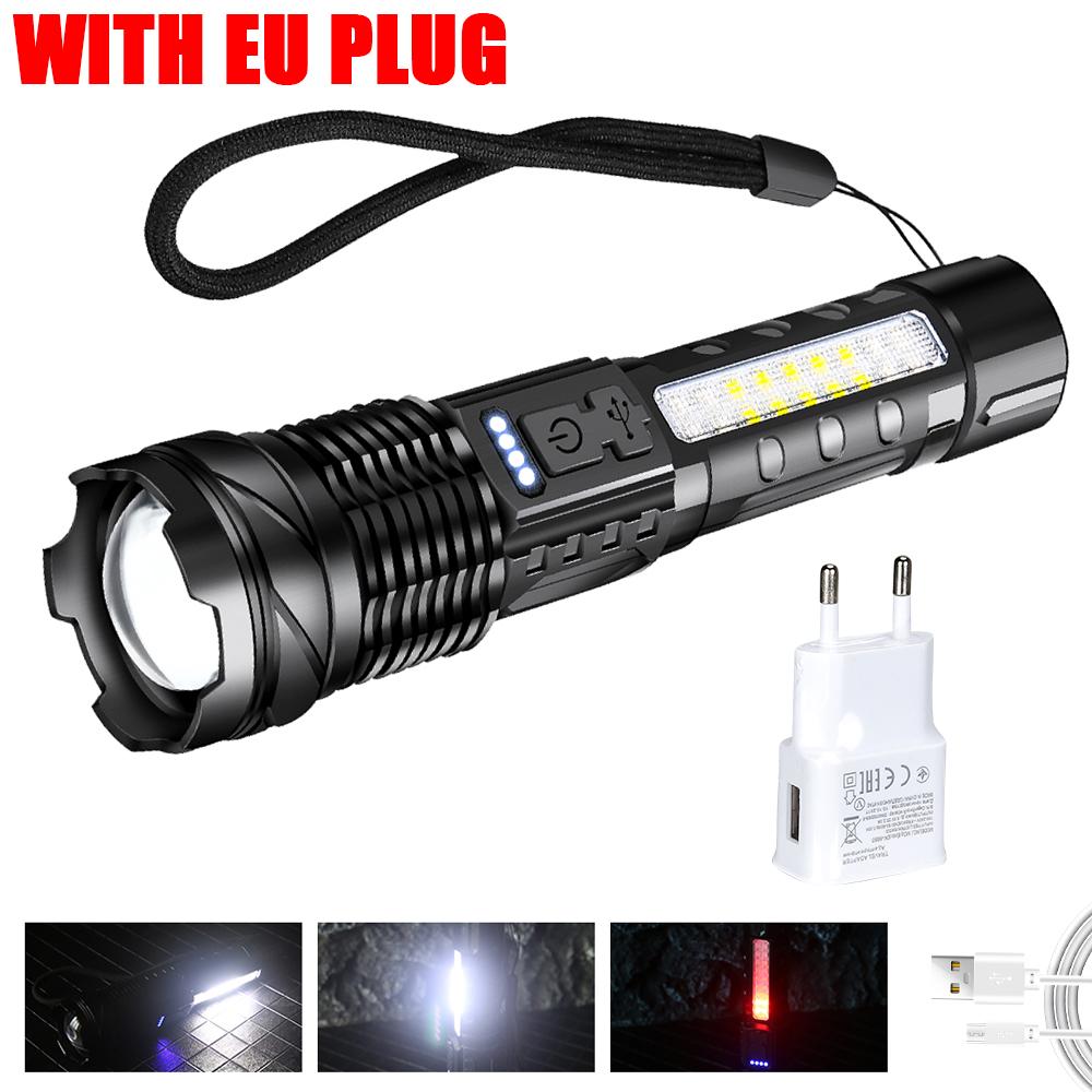 High Power LED Flashlight Powerful TYPE-C Rechargeable Zoom Flashlight with COB Side Light Torch for Outdoor Camping Hiking