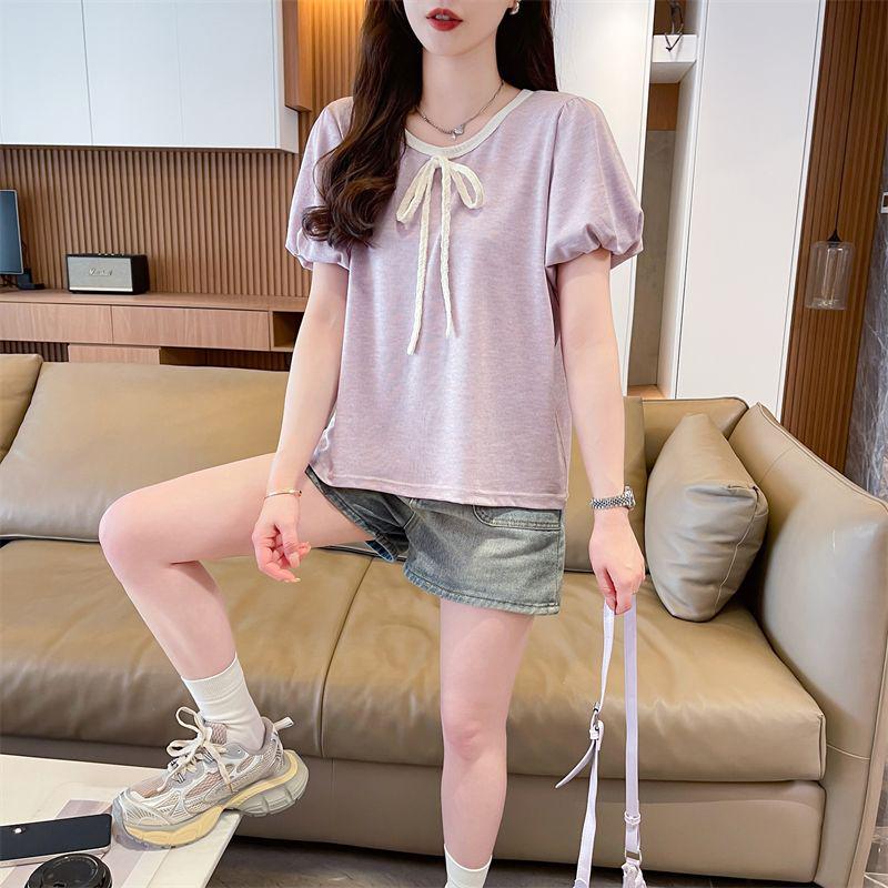 

Plus Size Women s Puff Sleeve T-Shirt - Tummy Concealing, Slimming Short Top, French Style, Regular Shoulder, Summer Base Layer. Medium фіолетовий