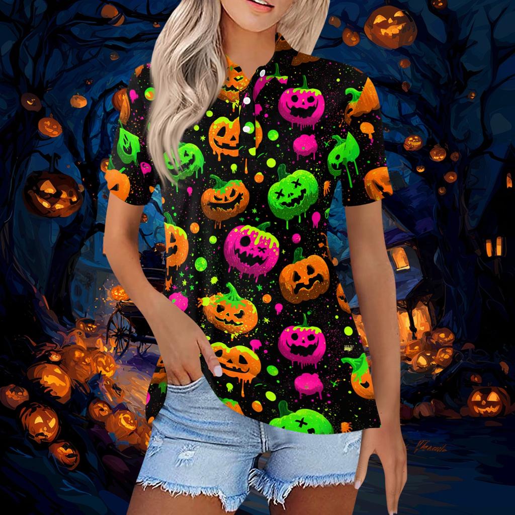 Women's Fashion Casual Button Front Short Sleeve Halloween Print Polo Shirt with Side Slits Lightweight Breathable Top