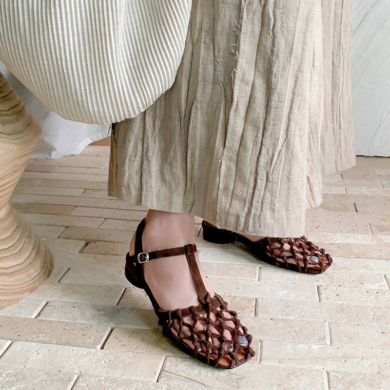 Krazing Pot Flock Summer Size 40 High Quality Slip on French Chic Thick Low Heels Sexy Lady Women Square Toe Sandals