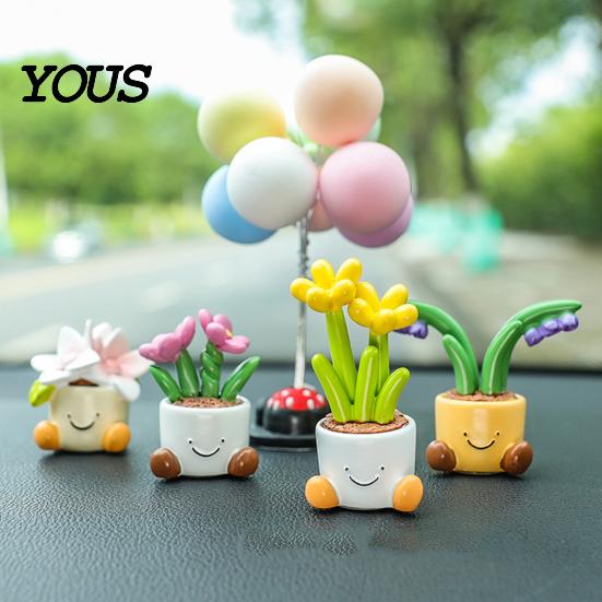 Mini Resin Car Dashboard Ornaments Cute Flower Pot Figurine, Cartoon Planter Ornament Decorative Accessories for Interior Desk Decor, Fairy