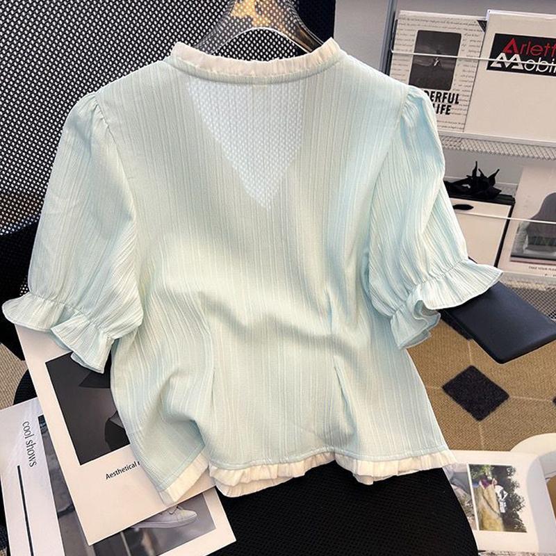 Women's Stylish Ruffle Contrast Color Design Button Up Shirt Elegant V Neck Sweet Chic Blouse Summer Female Casual Loose Tops