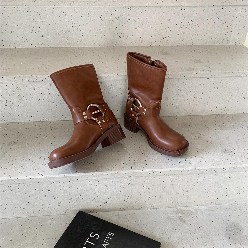 

Популярная в интернете пряжка для ремня, ковбойские сапоги в западном стиле, ретро, панк, локомотивные ботинки, мартинсы на платформе, сапоги-рыцари с потертостями, короткие ботинки, женские 39 коричневый