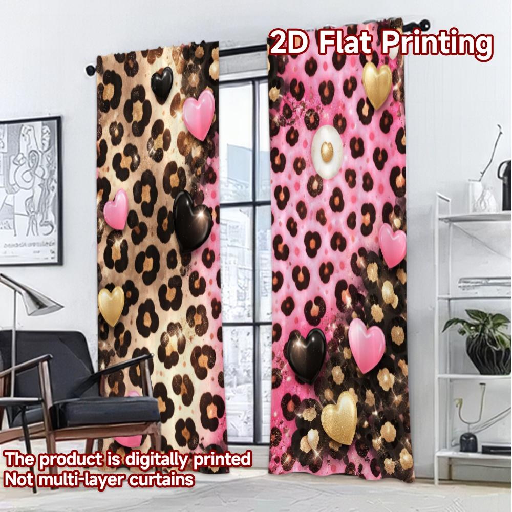 2D FLAT PRINTING 2pcs Curtains (Without Rod) Valentine's Hearts and Leopard Modern Window Curtain Durable Polyester Curtains
