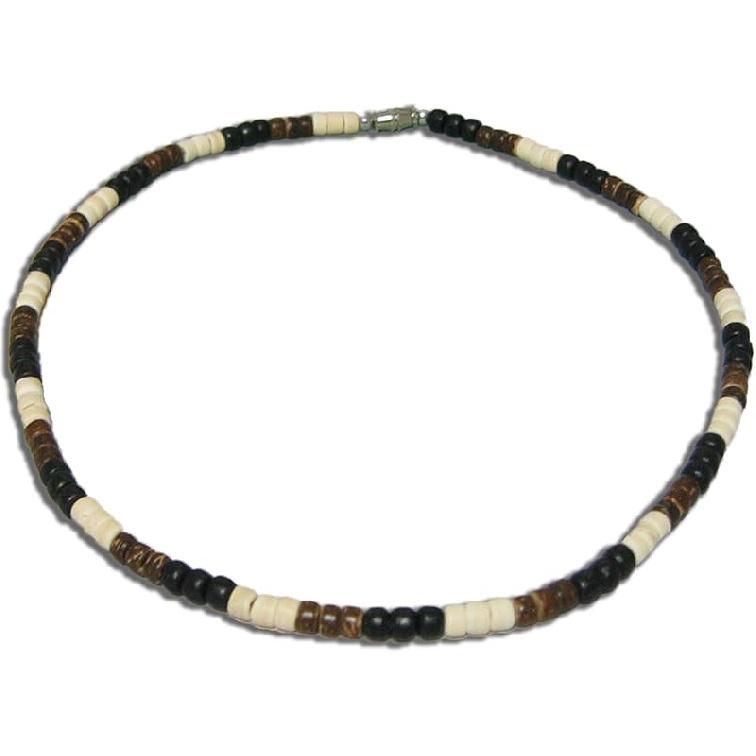Native Treasure Handmade Philippines Coconut Heishe Beads Puka Shell Choker Necklace Unisex - Black Brown Cream Colors, Stainless Steel Wire, 16 inch