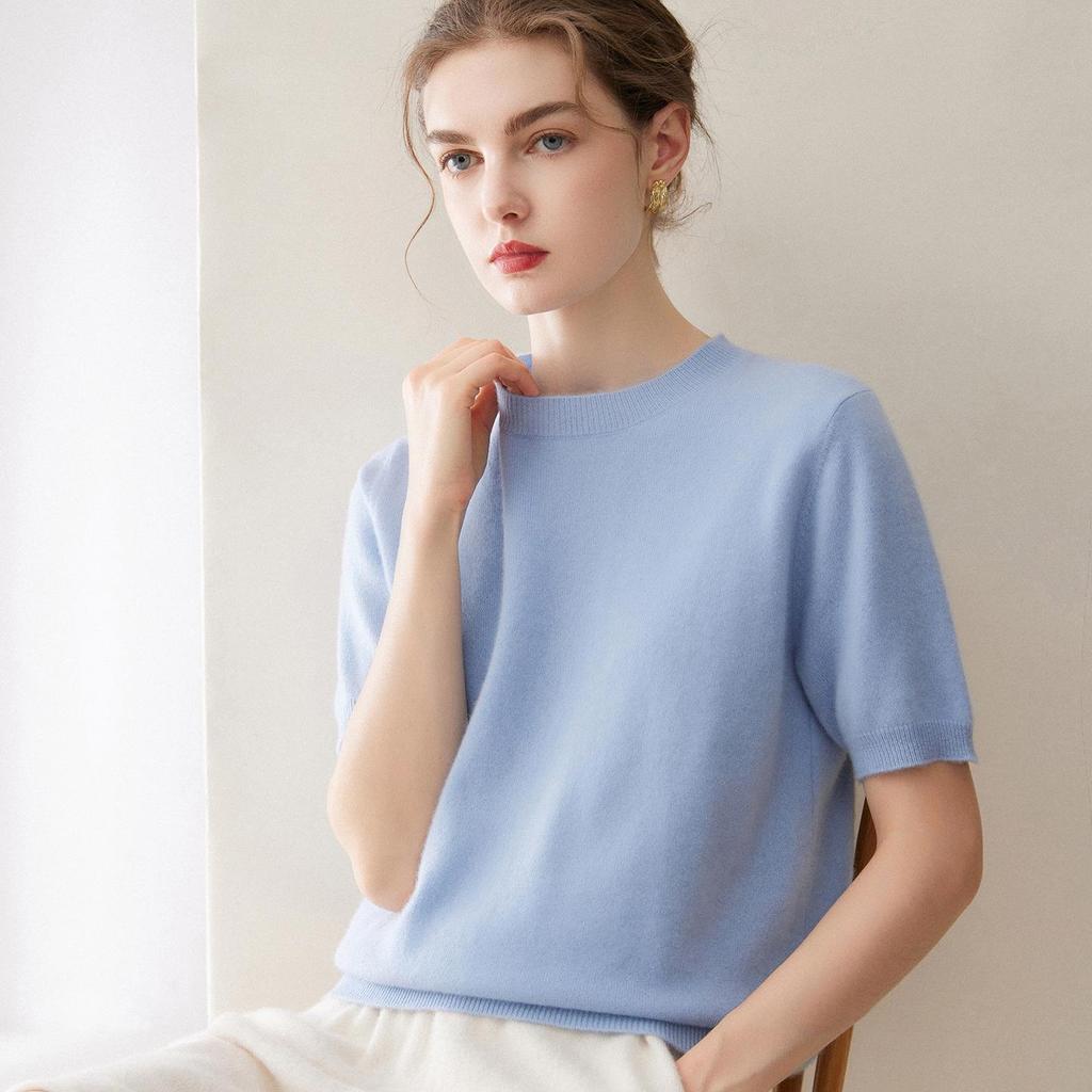 Twelve-Needle Women's Solid Cashmere Knit Pullover: Flat Round Neck, Short-Sleeved, Versatile Design