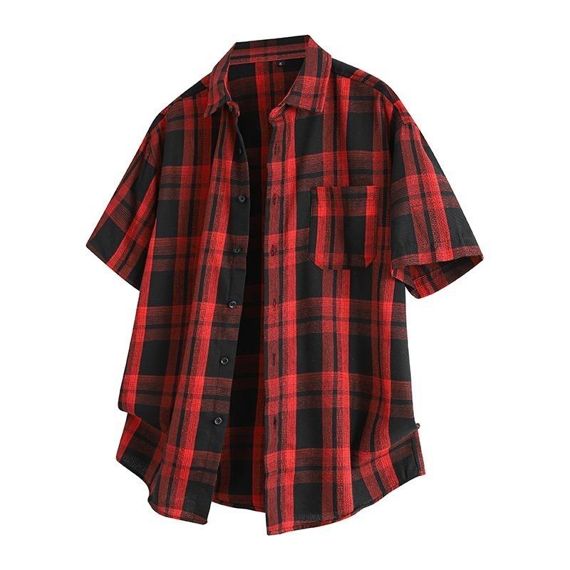 Lapel plaid shirt teenagers trendy casual cardigan short-sleeved shirt men's summer