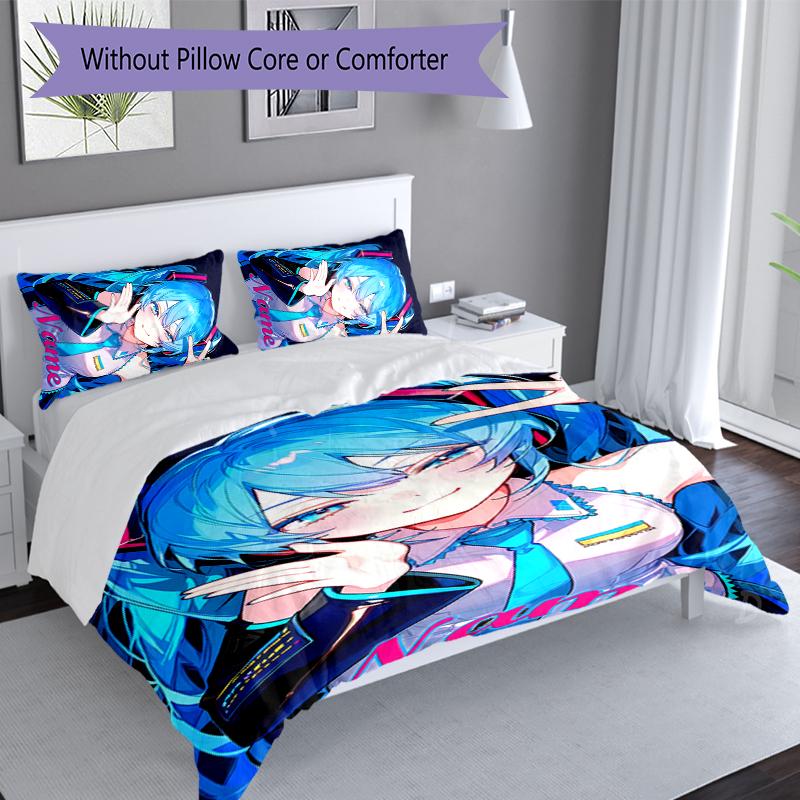 3pcs Custom Name Hatsune Miku Set,Includes 1 Duvet Cover and 2 Pillowcases,All-season Bedroom Decor