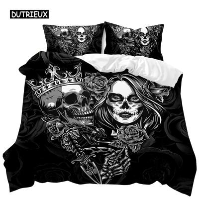 Ensemble Housse de Couette Tête de Mort Rose Twin Squelette Baiser Housse de Couette Ados Gothique Squelette Double Queen King Size Polyester Housse de Couette