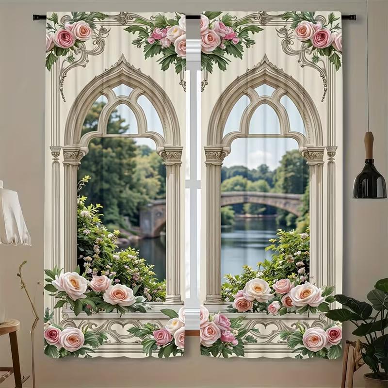 

2 Pcs Retro scenery print curtains,suitable for bedroom,living room kitchen decoration,home decoration,window decoration 14Wx39L(35x100CM)x2&Rod Pocket