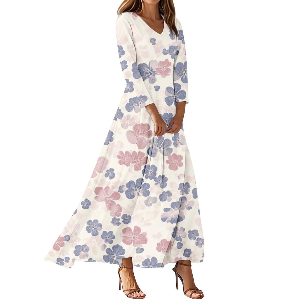 Women's Casual 3/4 Sleeve V-Neck Floral Print Maxi A-Line Beach Dress