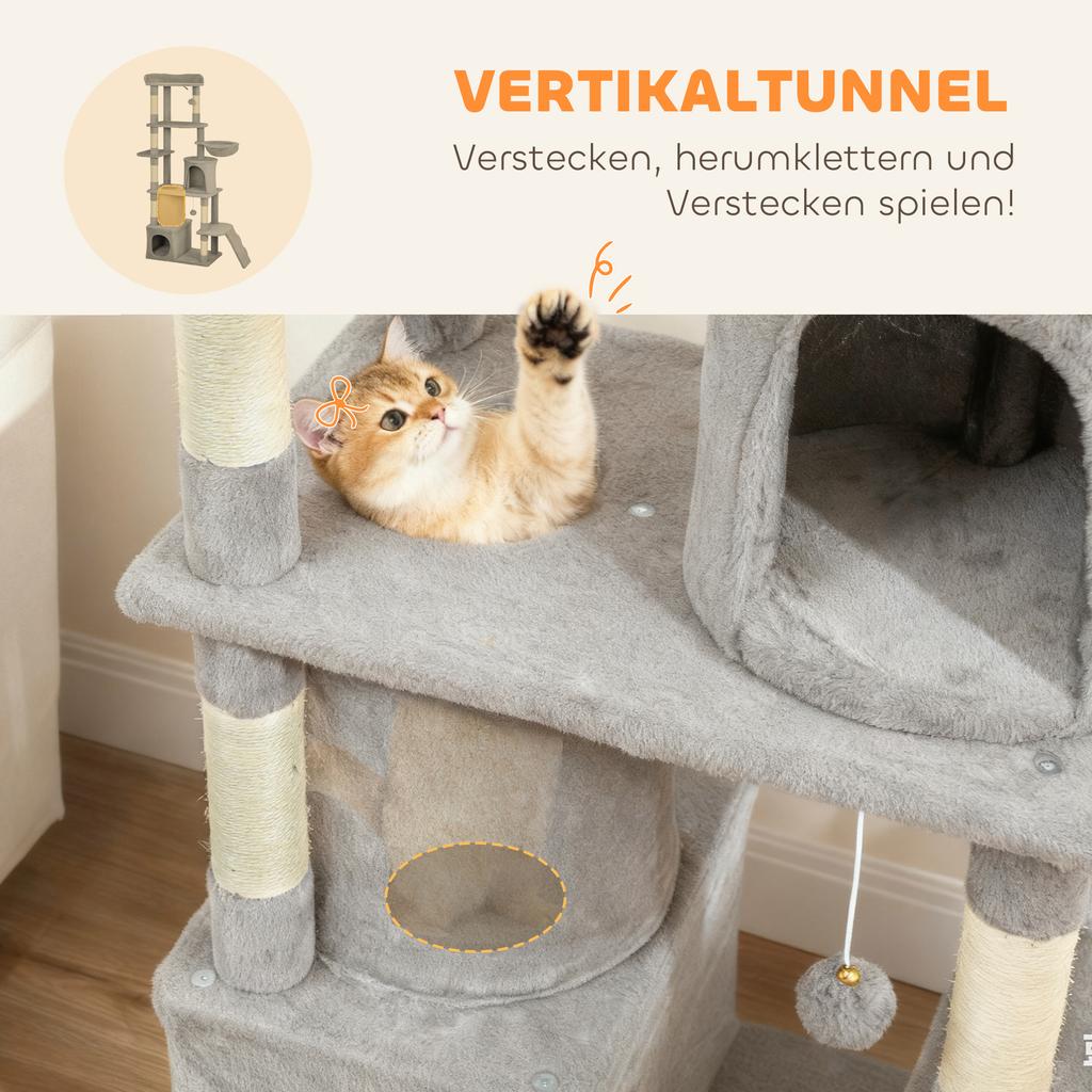 170 Cm Large Cat Tree, Cat Tower with 7 Scratching Posts, Tunnel, 2 Condos, Hammock, Perch, Ramp, Pompoms, Light Grey
