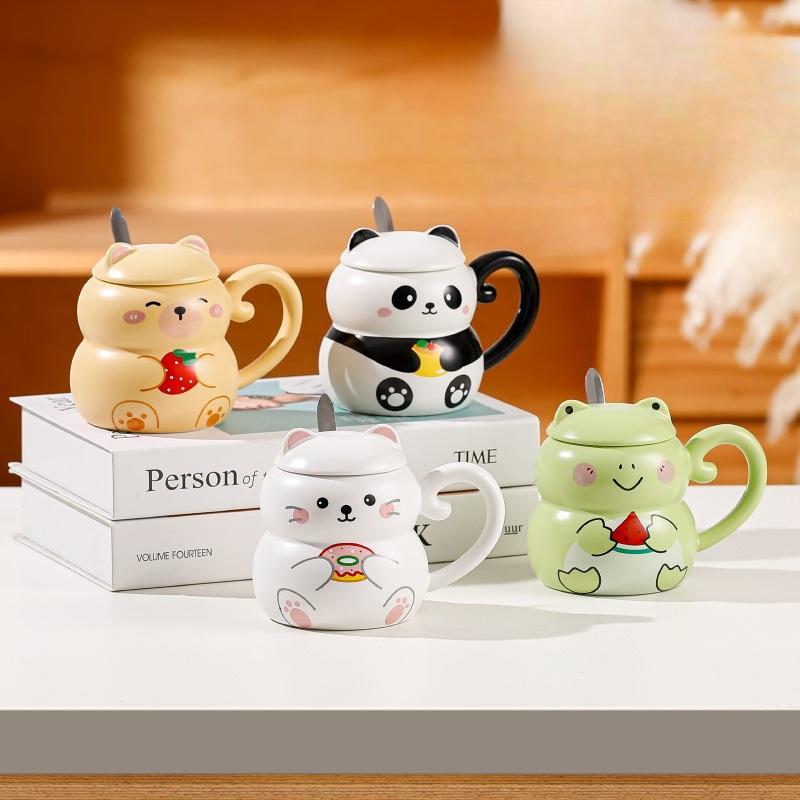 Kubek w kształcie zwierzątka z kreskówki z pokrywką i łyżeczką, uroczy domowy kubek do śniadania, kubek na mleko, biurowy ceramiczny kubek na wodę