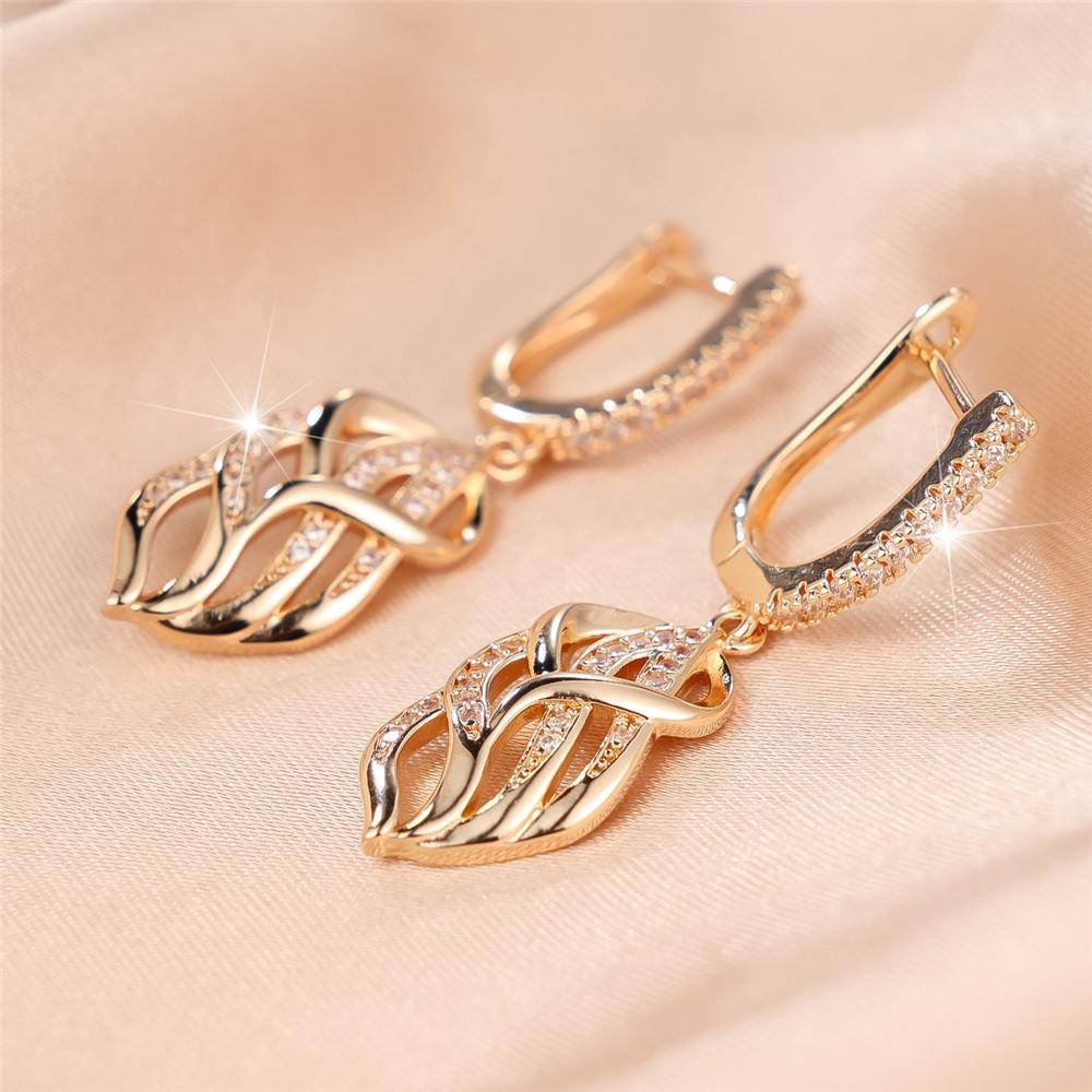 Elegant Female Small White Zircon Stone Skeleton Leaf Hoop Earrings Trendy Fashion Gold Color Wedding Jewelry For Women