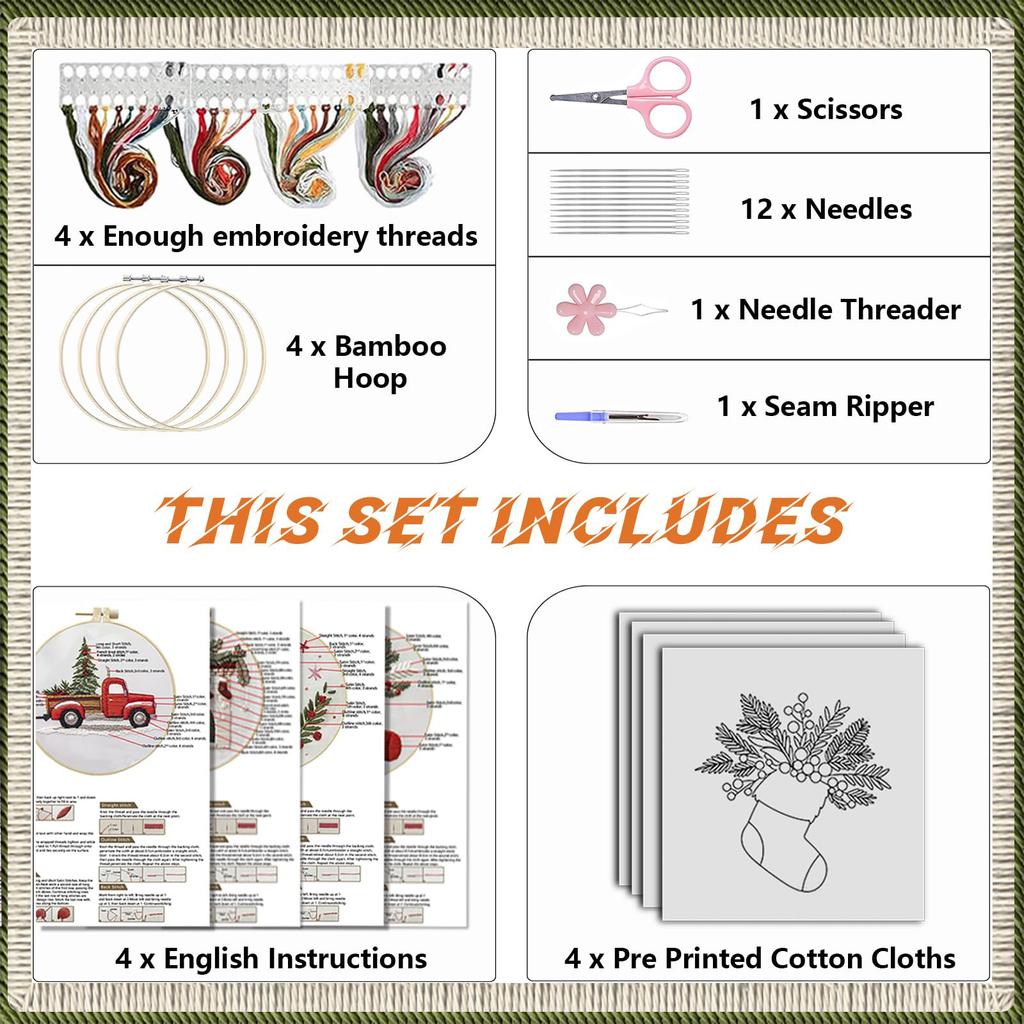 4 Sets Christmas Embroidery Kits with Needles Thread Pattern & Instructions Handmade Sewing Xmas Crafts Set for Beginners Adults
