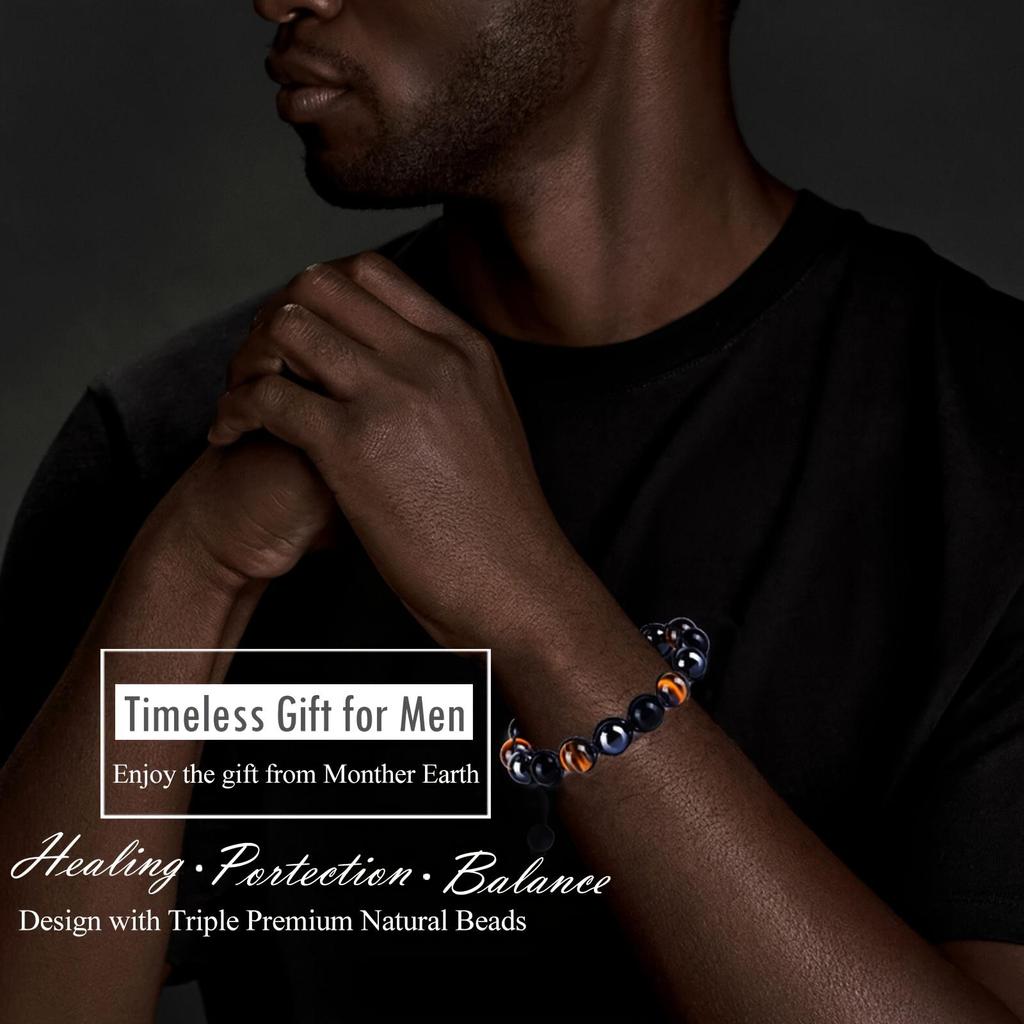 Triple Protection Bracelet For Men Women Handmade 10mm Beads Bracelet With Obsidian Hematite Natural Crystals For Protection And Balance