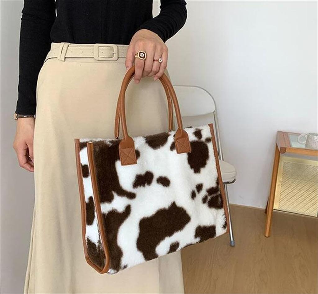 Huimei Damen-Leopardenmuster-Tragetasche, Große Kapazität, Weiche und Flauschige Umhängetasche, Handtasche, Beliebt und Stilvoll für Herbst und Winter (B.)