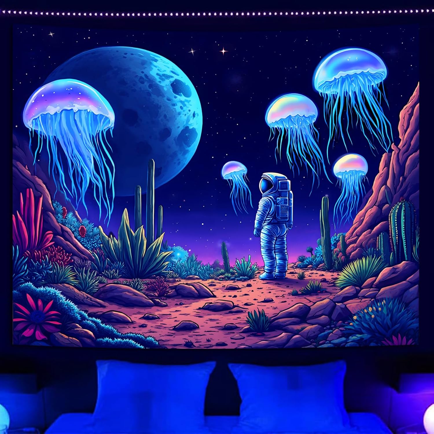 Miytal Blacklight Astronaut Jellyfish Tapestry - UV Reactive Neon Glow in the Dark Space Landscape Wall Hanging, Cosmic Cactus Desert Art Decor for