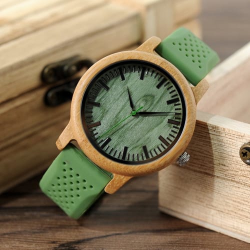 BOBO BIRD Bamboo Watch B06 with Green Silicone Band and Green Dial, Sony Japan Quartz Movement, for Men and Women