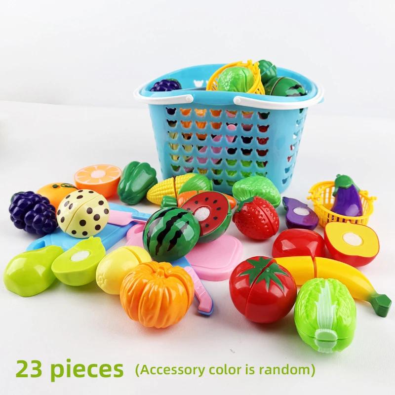 Cutting Food Kitchen Toys Set Simulate Fruit Vegetable Accessories with Shopping Basket Role Play Education Toy for Toddler Gift
