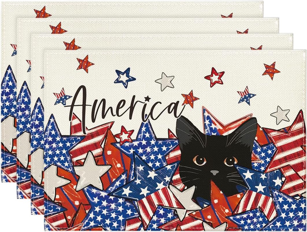 

Stars Black Cat Patriotic 4th of July Placemats Set of 4, 12x18 Inch Memorial Day Holiday Table Mats for Party Kitchen Dining Decoration 4pcs-12x18