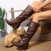 Fashion Black Pu Leather Knee-High Boots Women Slip On Med Heel Western Cowboy Boots Woman Autumn Winter Pleated Long Botas Plus Size 43
