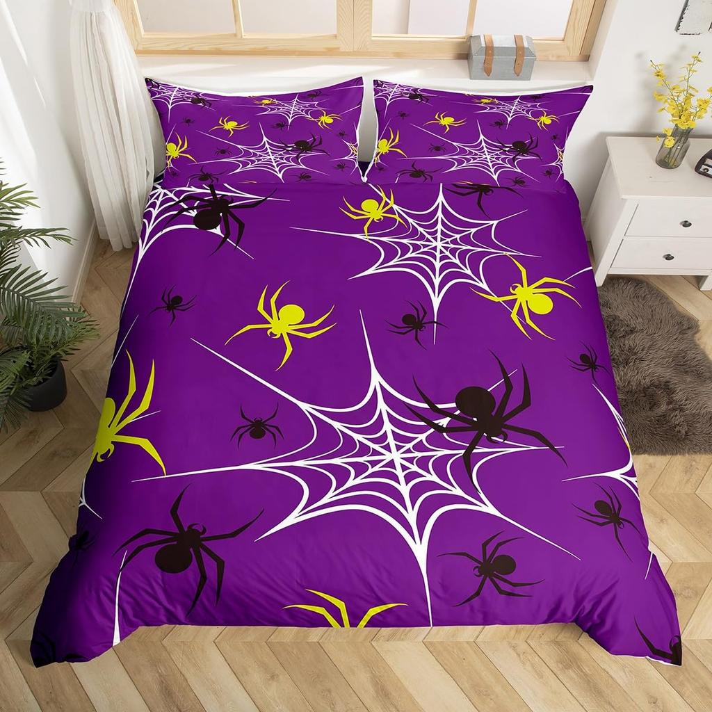 Cartoon Purple Bat Gothic Duvet Cover Halloween Bats Bedding Set Star Quilt Cover Spooky Dark Shadows Silhouette Halloween Decor