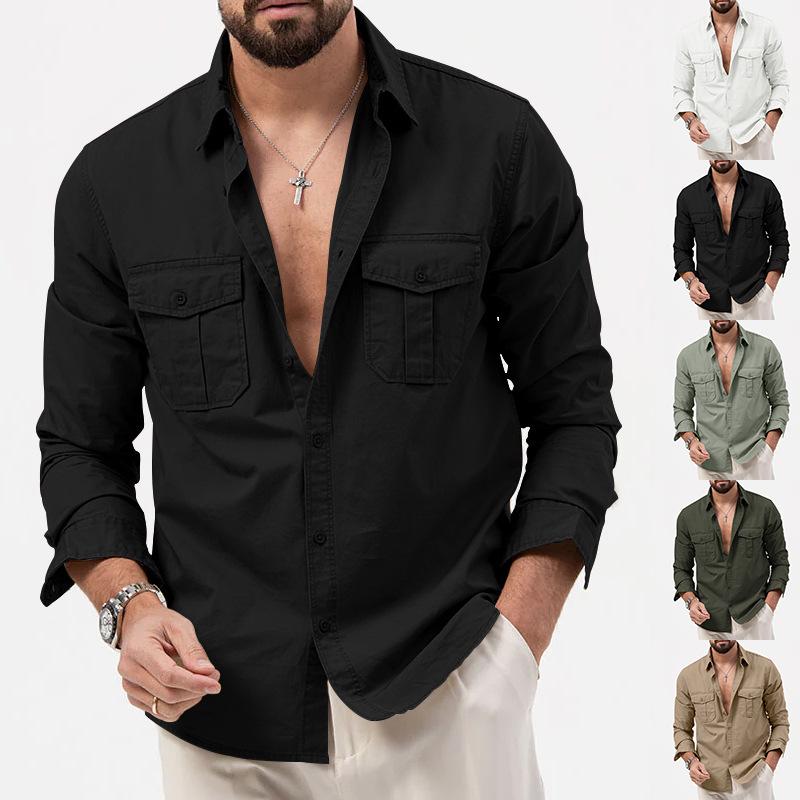 

2024 Новые европейские и американские мужские повседневные рубашки с длинными рукавами и множеством карманов Large чёрный