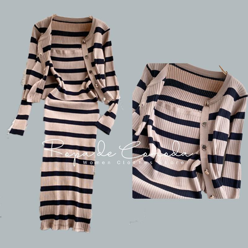 Korean Slim Two-piece Striped Cardigan To Show Slimming Cover Flesh Goddess Knitted Dress Early Hip Skirt