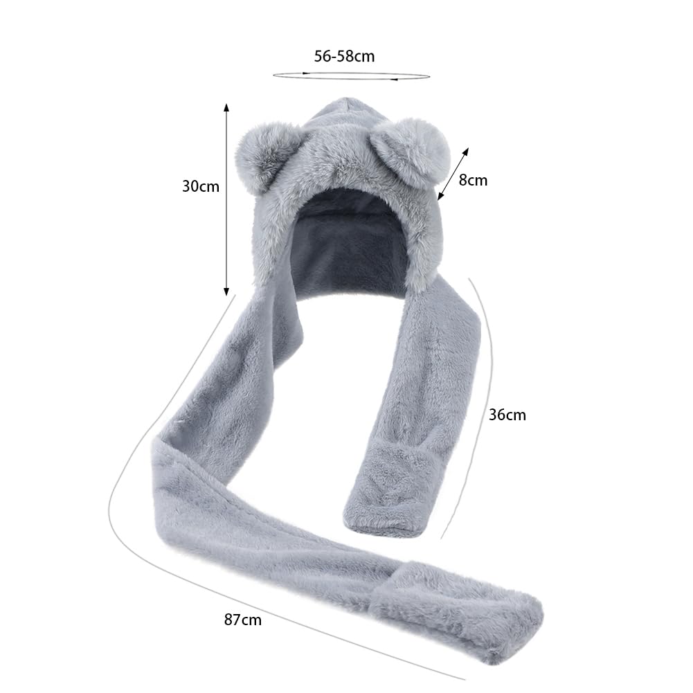 LONTG Winter Hat with Bear and Cute Faux Fur Hat with Fluffy Fur and Thick Furry Boa Animal Hat for Girls and Perfect for Fall and Gray Kids' Ears,