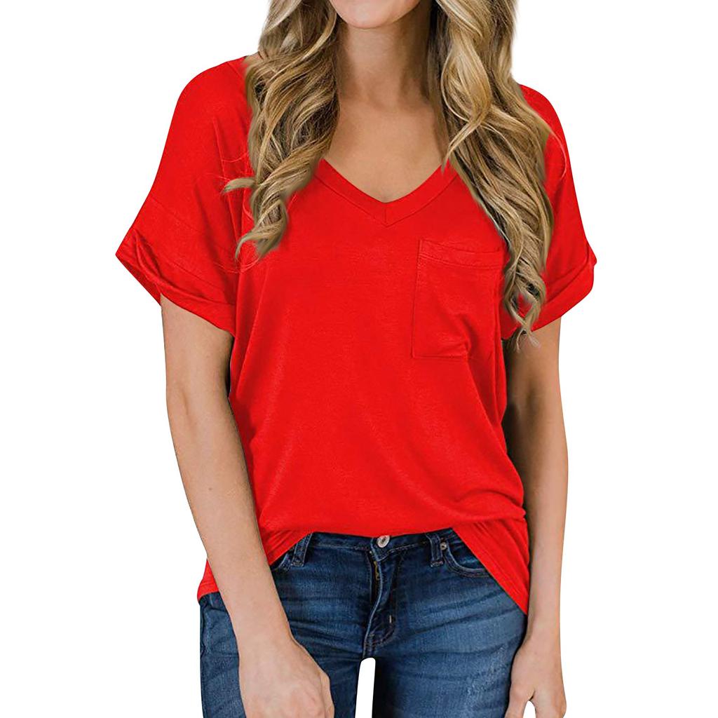 Women's Fashion Spring/summer V-neck Pocket T-shirt With Rolled Edge Short-sleeved Loose Top