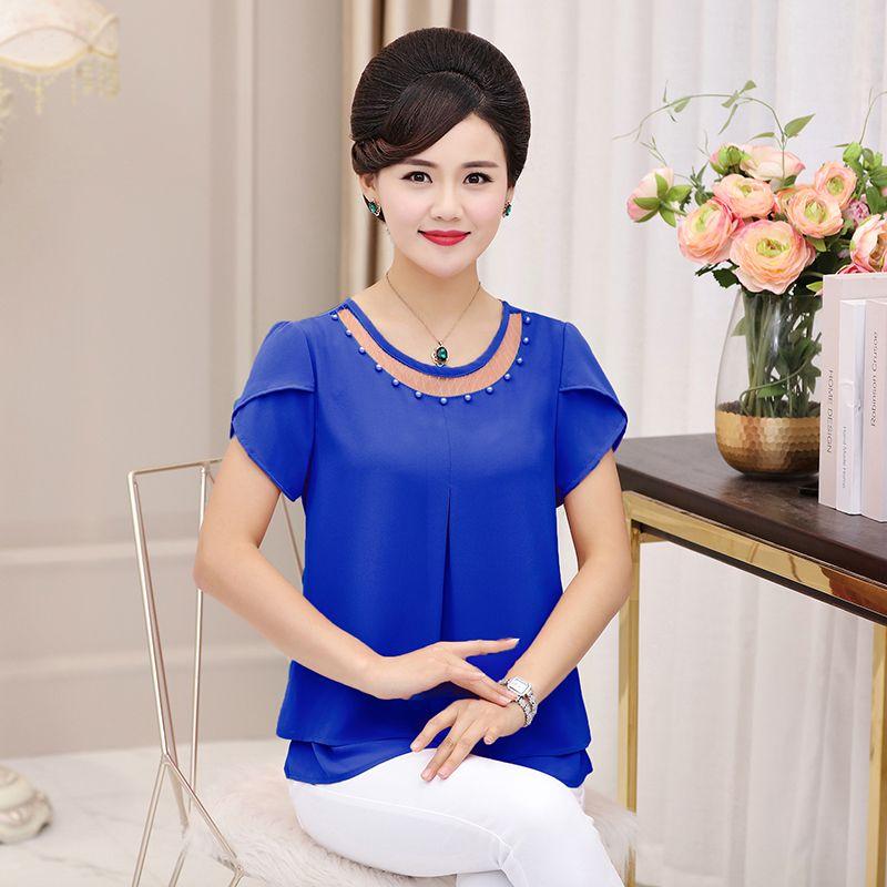 Damen T-Shirt Sommer Kurzarm Groß Chiffon Mode Rundhals Gaze Aushöhlen Patchwork Bluse Locker Mode Elegant Tops