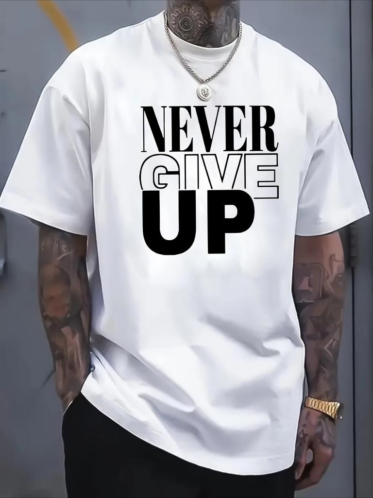 Men's Summer Pure Cotton Casual Sports Loose and Soft Never Give Up Letter Printed Round Neck Short Sleeved Holiday T-shirt