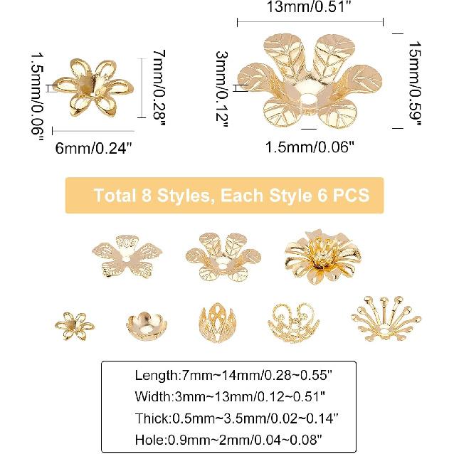 PH PandaHall Bead Caps, 48pcs 8 Styles Real 24K Gold Plated Brass Flower Shaped End Caps Metal Filigree Flower Cap for Earring Bracelet Necklace