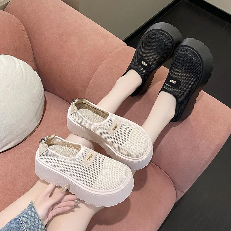 Thick-bottomed bag head half slippers women's 2025 new summer outer wear mesh hollowed out small height-increasing muffin slippers