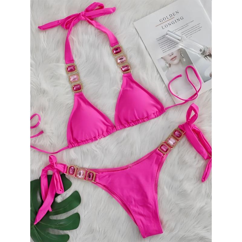 Sexy Rhinestone Bikini Set Women 2025 Luxury Pink Crystal Diamond Push Up Bandage Thong Swimsuit Beach Bathing Suit Swimwear