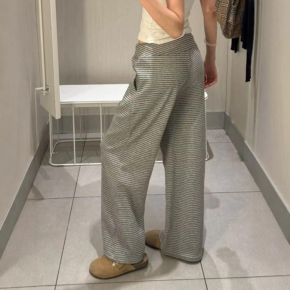 

Широкая талия тонкая полоска клейкие рисовые брюки женские осенние ленивый стиль высокая талия свободные прямые ноги повседневные широкие брюки L