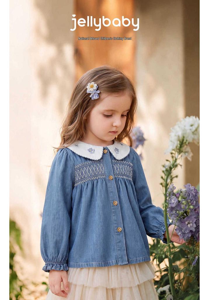 2026 Autumn New: Jellybaby Children's Pure Cotton Denim Doll Collar Shirt - Toddler & Baby Girl Top