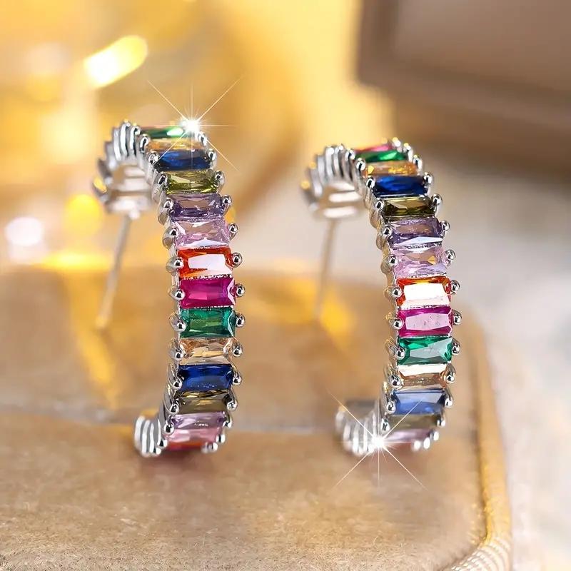 Huitan Bright Multi-colored Zirconia Loop Earrings Women Fashion Accessories for Engagement Modern Trendy  for Daily Wear