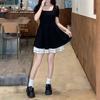 French Hepburn Style Summer New Black Swan Contrasting Color Splicing Short-sleeved Skirt, Small Black Dress, Thin A-shaped Dress