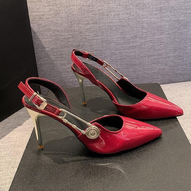 Metal Buckle Stiletto Sandals Autumn New Pointed Toe Shallow Mouth One Strap Anti-Slip Wear-Resistant High Heels