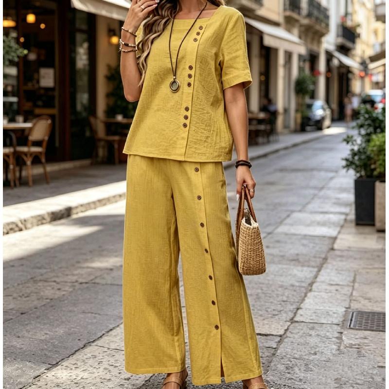 Women's Fashionable Loose Round-neck Button Short-sleeved Shirt and Wide-leg Pants Set