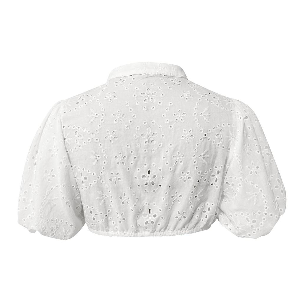 Women's Eyelet Crop Top Button Front Blouse Puff Sleeve V Neck Lightweight Summer Shirt