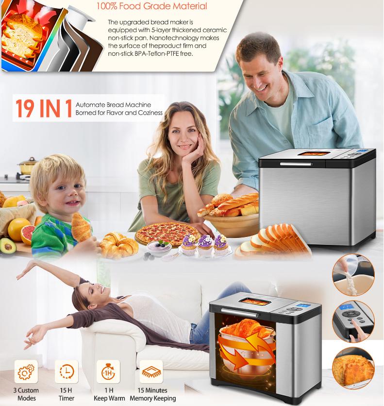 Gluten-free bread machine, 17-in-1 bread maker, 2-pound American-style Italian whole wheat bread, knead dough, proof, bake, 2.8-inch